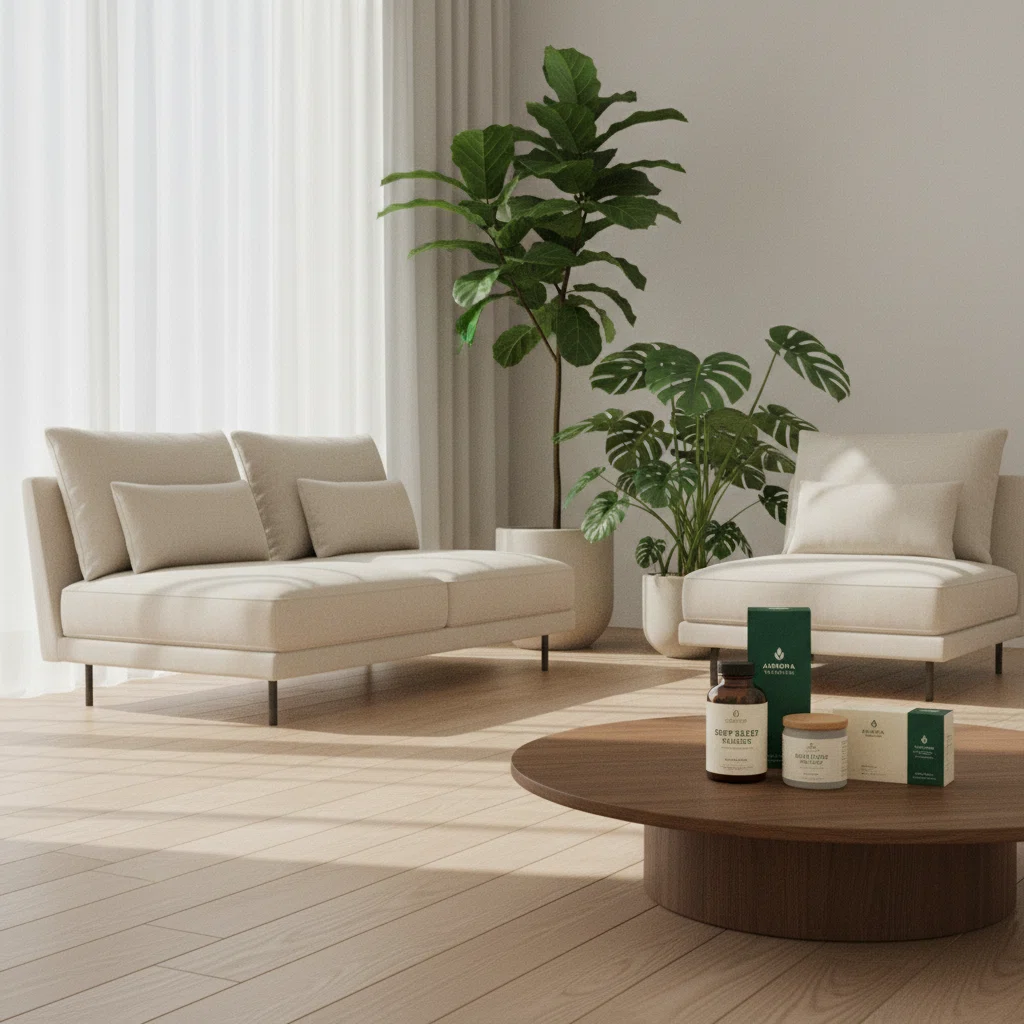 Calm workspace with notebook, plant and a glass of water on a light wooden desk