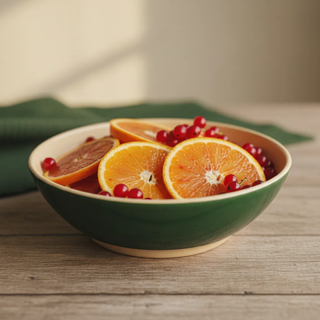 Fresh oranges and rosehip berries on a pale stone surface, close-up still life